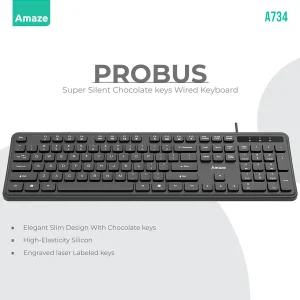 Amaze A734 Probus Super Silent Chocolate Keys Wired Keyboard ? Black ? BIS